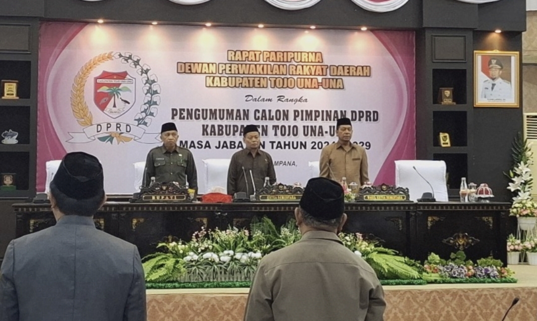 Dewan Perwakilan Rakyat Daerah (DPRD) Kabupaten Tojo Una Una (Touna), gelar rapat paripurna pembahasan Pengumuman Calon Pimpinan Definitif Masa Jabatan 2024-2029. Senin (7/10)