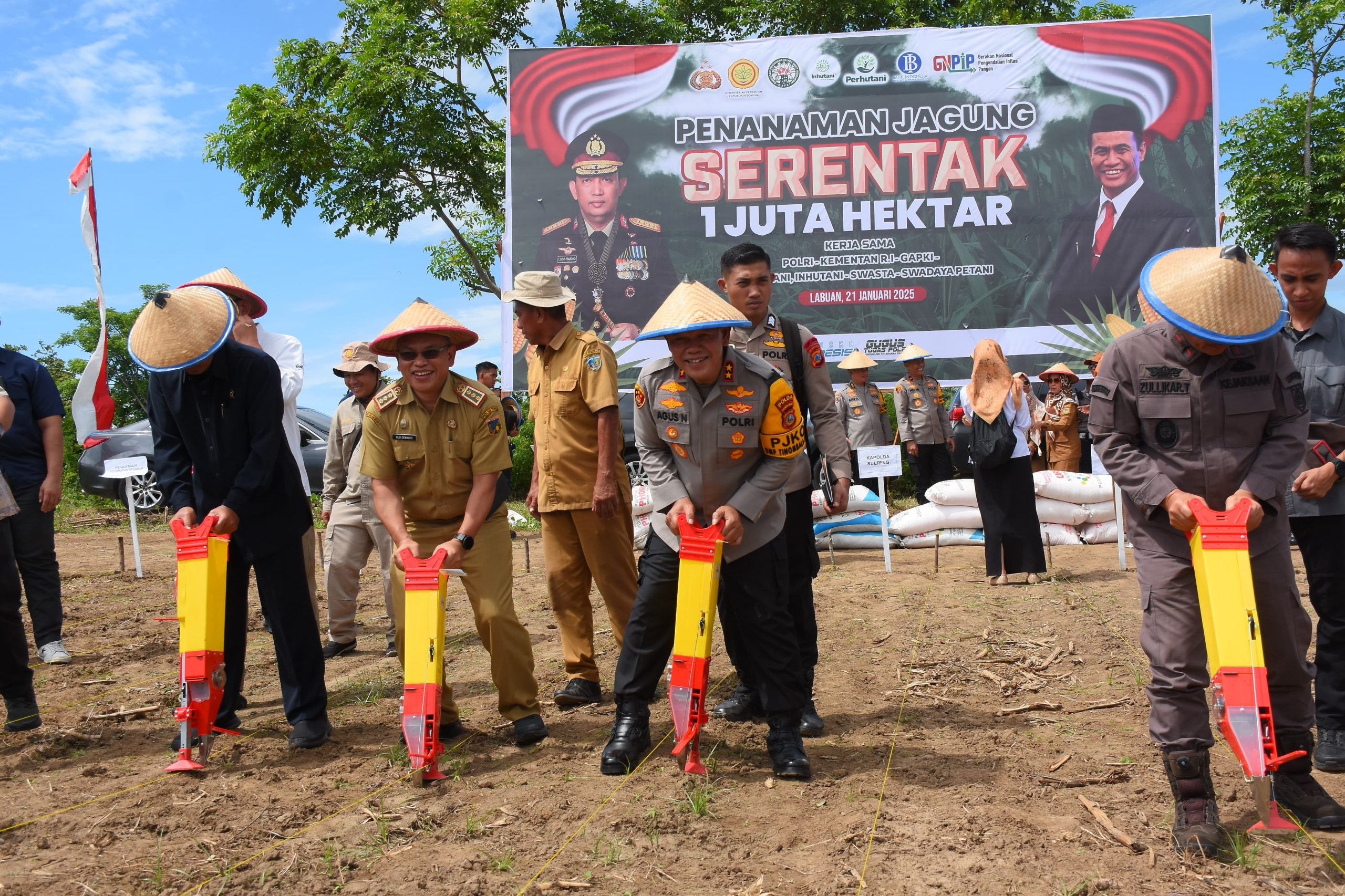 Kapolda Sulteng Irjen Pol. Dr. Agus Nugroho, S.I.K., S.H., M.H bersama unsur forkopimda Sulawesi Tengah, Kepala Dinas terkait, akademisi dan lapisan masyarakat berkesempatan menanam benih jagung di area seluas 30 hektar. di Desa Labuhan Panimba Kabupaten Donggala, Selasa (21/1/2025)