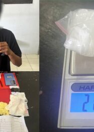 Tersangka beserta barang bukti berupa narkotika jenis sabu berat bruto 21,31 gram, timbangan digital, alat hisap, telepon seluler, dan perlengkapan lainnya yang diamankan Satresnarkoba Polres Tojo Una-Una di Jalan Sultan Hasanuddin, Kecamatan Ampana Kota, Sabtu (26/9/2026).