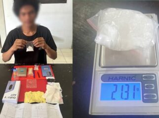 Tersangka beserta barang bukti berupa narkotika jenis sabu berat bruto 21,31 gram, timbangan digital, alat hisap, telepon seluler, dan perlengkapan lainnya yang diamankan Satresnarkoba Polres Tojo Una-Una di Jalan Sultan Hasanuddin, Kecamatan Ampana Kota, Sabtu (26/9/2026).