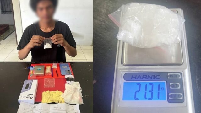 Tersangka beserta barang bukti berupa narkotika jenis sabu berat bruto 21,31 gram, timbangan digital, alat hisap, telepon seluler, dan perlengkapan lainnya yang diamankan Satresnarkoba Polres Tojo Una-Una di Jalan Sultan Hasanuddin, Kecamatan Ampana Kota, Sabtu (26/9/2026).